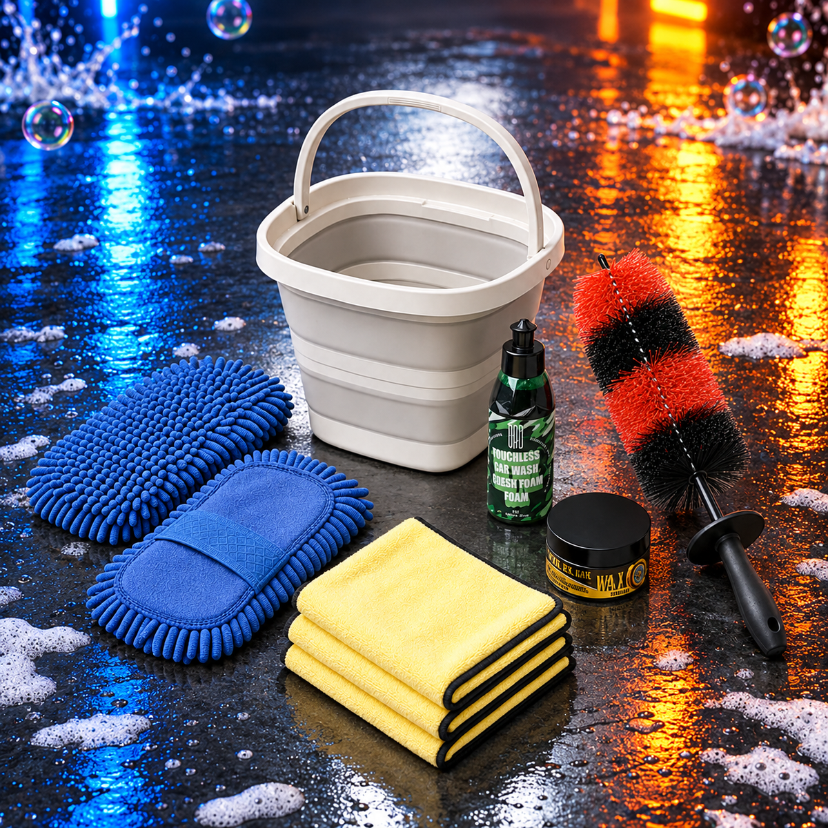 Exterior Wash Bucket Kit: collapsible bucket, 2 chenille wash mitts, wheel brush, 3 microfiber towels, car wash soap and tire shine