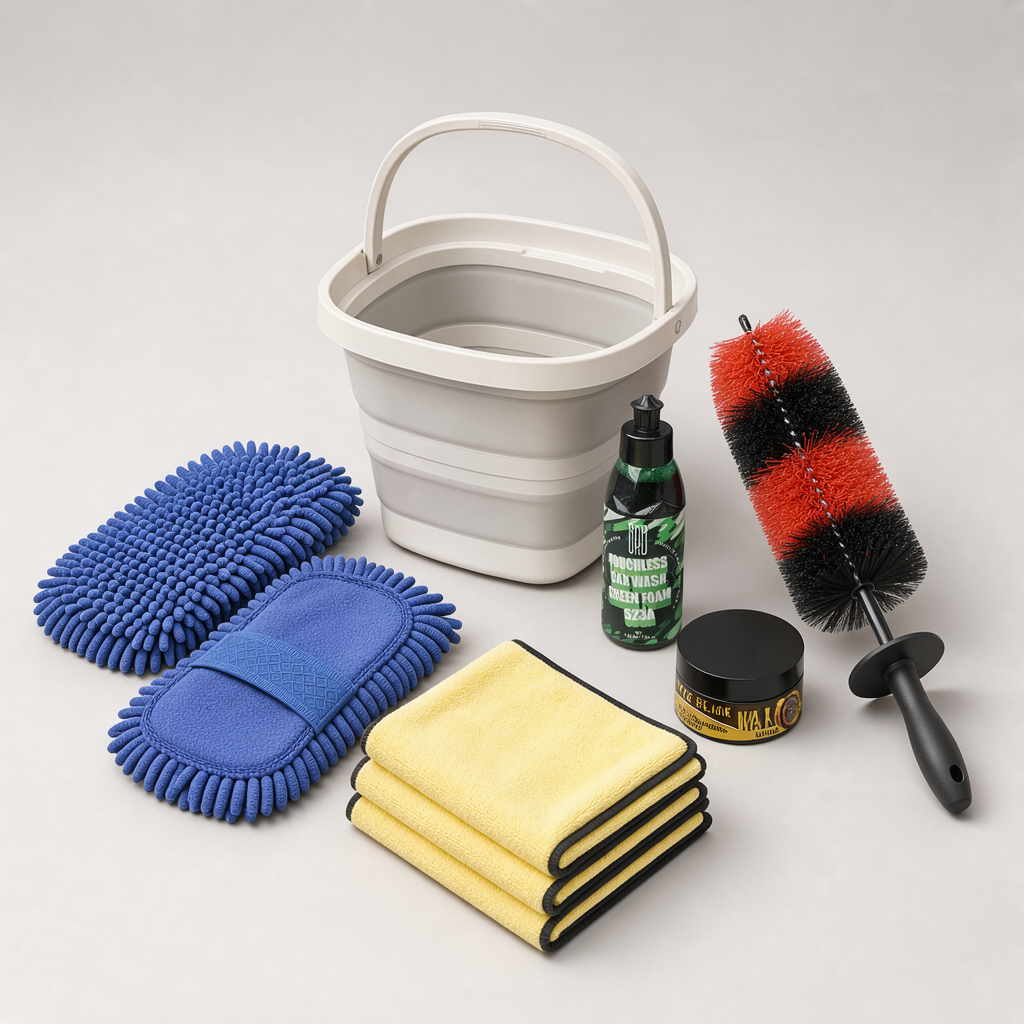 Exterior Wash Bucket Kit: bucket, 2 wash mitts, wheel brush, 3 towels, car wash soap and tire shine